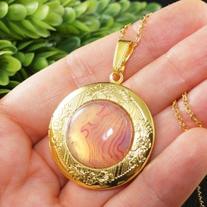 Медальон для фото с Розовым Агатом Кулон Розовый Агат Круглый Gold