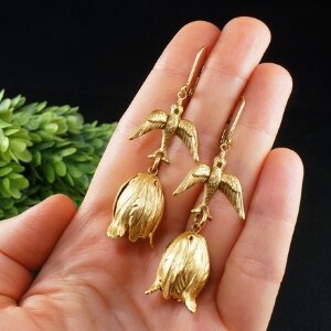 Серьги Птички Птицы Цветы Тюльпаны золотистые