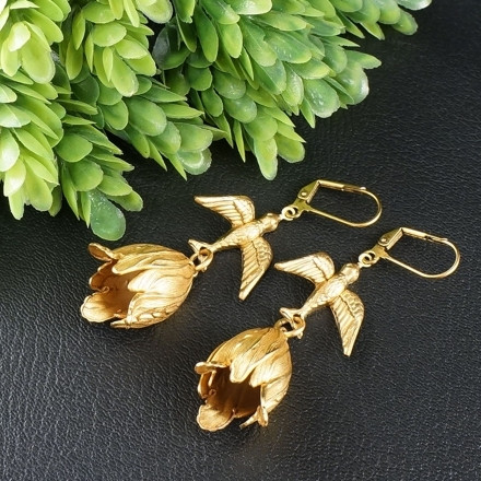 Серьги Птички Птицы Цветы Тюльпаны золотистые