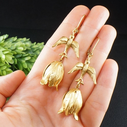 Серьги Птички Птицы Цветы Тюльпаны золотистые