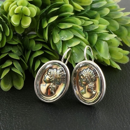 Серьги с Инталиями Камеями Дама Радужная из стекла silver