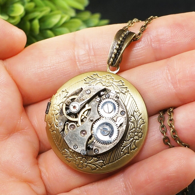 Медальон для фото Стимпанк Steampunk №8 Часовой Механизм Шестеренки Локет Латунный Бронзовый Круглый