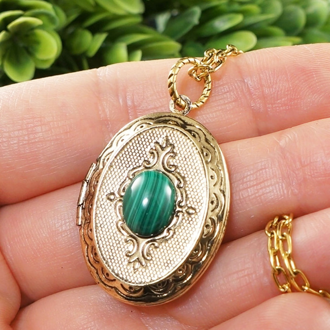 Медальон для фото с Малахитом Кулон Малахит Зеленый овальный №3 antique gold