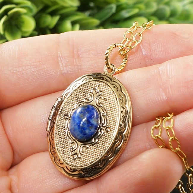 Медальон для фото с Лазуритом Кулон Лазурит Синий овальный №4 antique gold