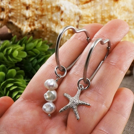 Серьги Кольца Сердце с Белым барочным Жемчугом