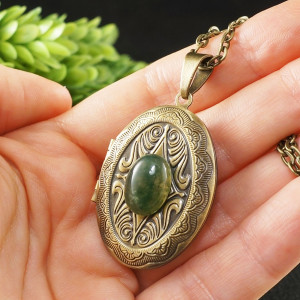 Медальон для фото с Моховым Агатом Кулон Моховый Агат Зеленый antique bronze