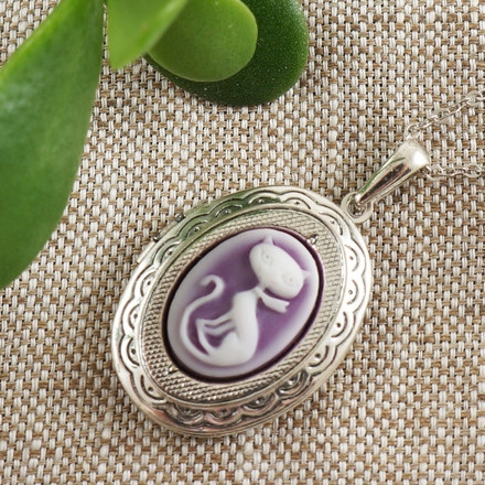 Медальон Камея Кошка фиолетовая antique silver