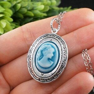 Медальон Камея Дама Девушка бирюзовая голубая antique silver