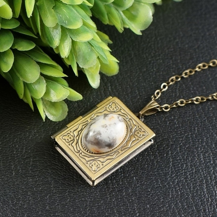 Медальон Кулон Книжка Агат Lace серый с белым