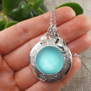 Медальон Морское стекло голубое antique silver