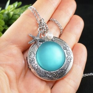 Медальон Морской Кулон Морское стекло Голубой Бирюзовый Silver