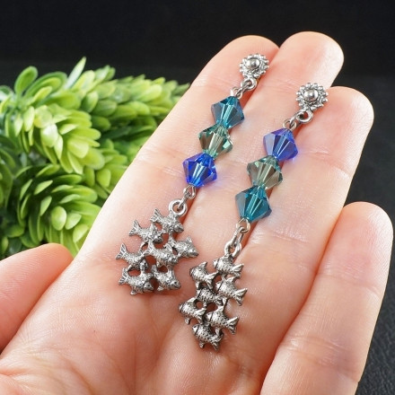 Серьги Рыбки Сваровски Синие Мятные Бирюзовые длинные