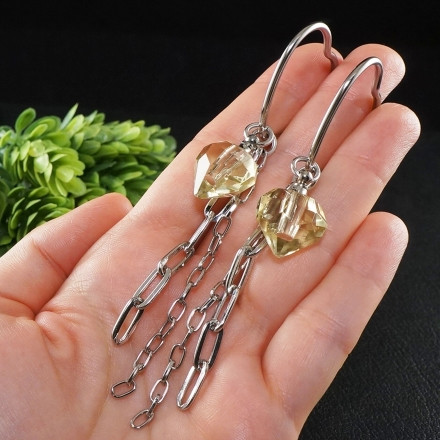 Серьги Кольца Сердце Цепи с Флаконами Кристаллами Лимонные