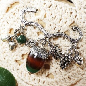Брошь Желудь и компания silver (зелено-коричневый агат)