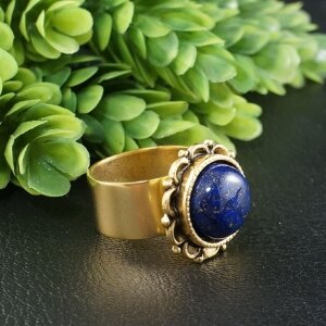Кольцо Лазурит Синее Круглое Цветок antique gold