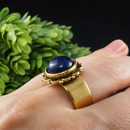 Кольцо Лазурит Синее Круглое Цветок antique gold
