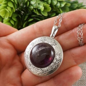 Медальон Аметист темный круглый antique silver №3
