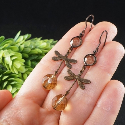 Серьги Стрекозы Коричневые Латунные Винтажная Патина
