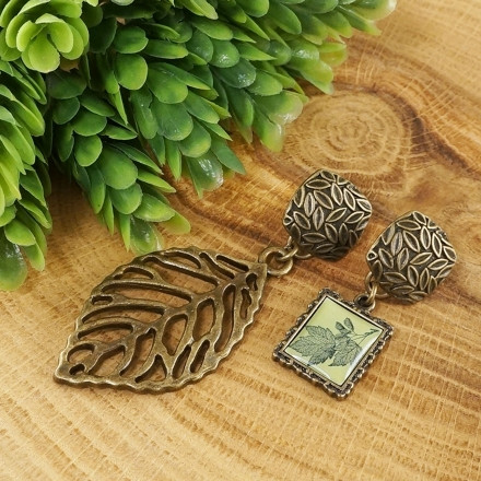 Серьги Лесные Листья Зеленые асимметричные bronze