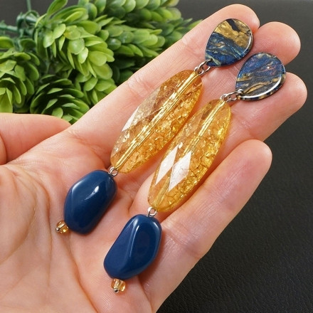 Серьги Крупные Длинные Синие Желтые