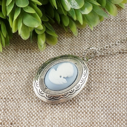 Медальон Камея Дама Девушка голубая antique silver