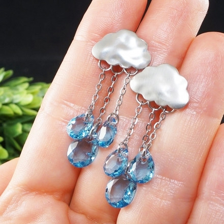 Серьги Облако с Кристаллами Сваровски Голубые Аква Silver