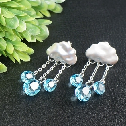 Серьги Облако с Кристаллами Сваровски Голубые Аква Silver