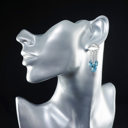 Серьги Облако с Кристаллами Сваровски Голубые Аква Silver