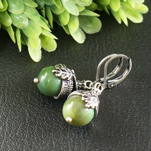 Серьги Желуди с Зеленым Агатом Зеленые Лесные №18 silver 
